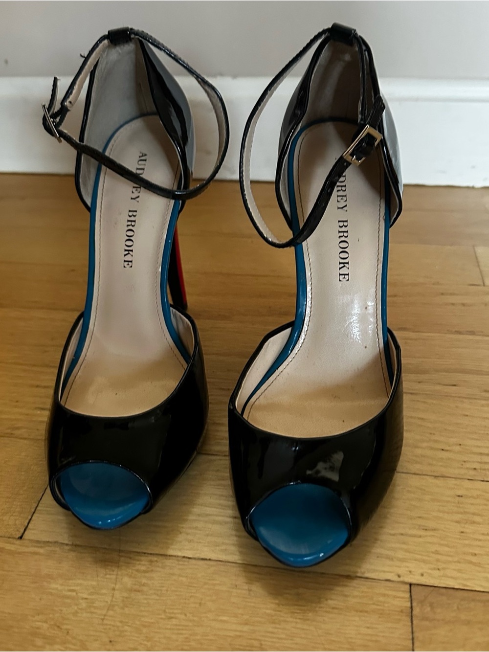 Audrey Brooke Black Patent Peep-Toe Ankle-Strap Heels with Blue Accents